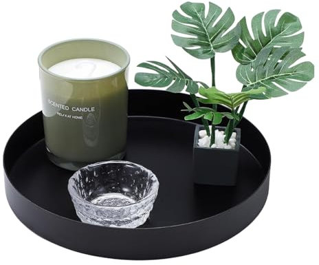 Bandeja decorativa, bandeja redonda negra, plato decorativo y bandeja decorativa de metal, bandeja para servir, bandeja versátil de metal, adecuada como decoración de mesa