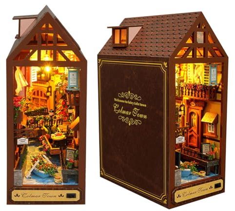 DIY Book Nook Kit 3D Holz Buchständer Puzzle DIY Puppenhaus Holz Buchstützen Gebäude Modell Puzzle Spielzeug mit LED-Licht für Erwachsene Bauen Kreative Geschenke (Freizeit Jahre)