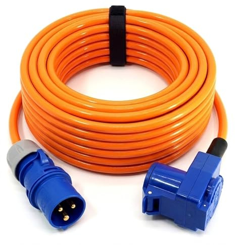 Event-Kabel&more – CEE-Camping-Verlängerungskabel 3x2,5mm² mit CEE-Stecker & Winkelkupplung mit integrierter Schuko-Steckdose, 16A, 230V, PUR-Kabel, orange (1,5m-50m) Camping-Line (35 Meter)