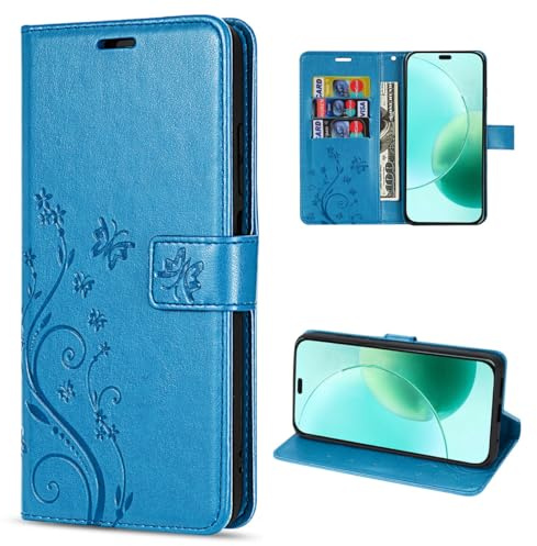 betterfon Handyhülle kompatibel mit Honor 400 Lite | Premium PU Leder Handy Hülle Wallet Case | Schutzhülle Blumen Klapphülle | Blau