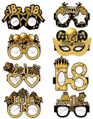 18th Birthday Glasses, LMSHOWOWO 8PCS Paper Novelty 18th Birthday Party Glasses, Funny Happy Birthday Photo Booth Props for Boys Girls Cheers to 18 Years 18th 2007 Birthday Party Decoration Supplies