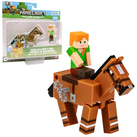 Bizak Minecraft Figura Alex y Caballo con Movimiento, Modelos para coleccionar, Licencia Oficial del Videojuego de construcción y Bricks, Adultos Fans y niños o niñas (64110030-1)