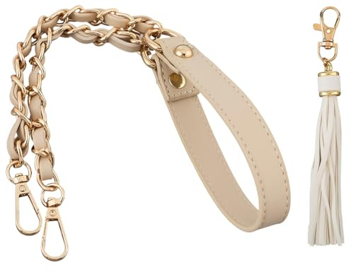 CALFOVERA Geldbörsenkettenriemen Aus PU Leder Mit Quastenanhänger 63cm Mikrofaser Leder Taschenkette Ersatz Flacher Handtaschengriff Für Damen Schulter Und Umhängetasche Handtasche DIY (Beige Gold)