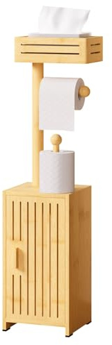 Yorbay Bambus Toilettenpapierhalter Stehend mit Aufbewahrung: 73,5 cm Hoch | Staubfrei Rutschfest Platzsparend Klopapierhalter für Bad - Toilettenpapierständer mit Taschentuchboxen und Rollenhalter