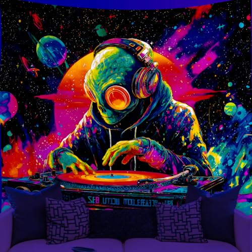 WEBEEDY Schwarzes Licht Planet Alien Wandteppich UFO Psychedelisch UV Reaktiv Wandteppich Alien Poster Trippy Wandteppiche Wandbehang Für Raum Hintergrund Party Dekor 150x130cm