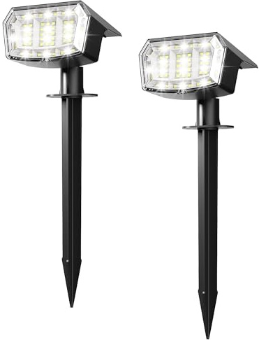 PATIOPIA Solar Spot Lights Outdoor Garden, 63 LED Solar Powered SpotLights, 3 Modes, IP65 Waterproof Garden UpLighters for Yard Pathway Patio Driveway (2 Pack,Cold White)