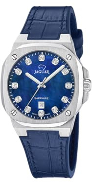 JAGUAR Swiss Made Damenuhr Analog aus Leder Blau | Quarzuhr, Kalender, Widerstandsfähiges Saphirglas, Wasserdicht 10 ATM, J1032/7, Rondcarre