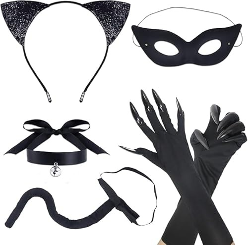 Owdenuy 6 PCS Catwoman Costume Accessories,Black Cat Set with Cosplay Cat Ear Headband Eye Cover Tail Cat Claw Gloves Necklace,Black Cat Cosplay Costume for Women Fancy Dress Party Costumes