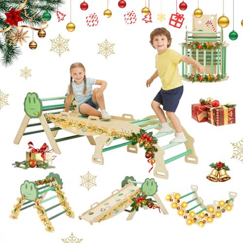 Amenitlif Pikler Triangle Set, 7-in-1 Foldable Climbing Toys Indoor, Wooden Playground Jungle Gym with Arch & Ramp & Ladder, Montessoris Kids' Indoor Climbers Activity Center for Boy Girl Gift