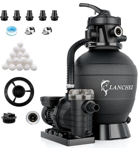 LANCHEZ Sandfilteranlage 15.000 L/h, 7-Wege-Ventil, 24h Zeitschaltuhr, 200g Filterbälle, Sandfilterkessel für Pool, Vorfilter, Tankvolumen Maximal 25 kg Sand, 2in1 Adapter Ø32mm-38mm