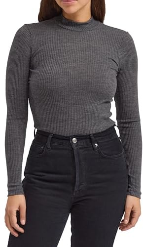 DILLING Ribbed Women's high Neck top - Organic Merino Wool Dark Grey Melange 14