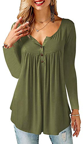 Beluring Women Casual V Neck Tops Long Sleeve Pleated Tunic Tops Shirts Blouse