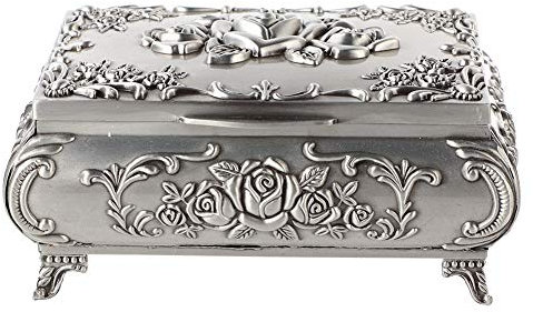 Pongnas Vintage Schmuckkästchen, luxuriös, rechteckige Form, Metall, weiblich, Antik Silber (12,5 x 9,5 x 5,5 cm)