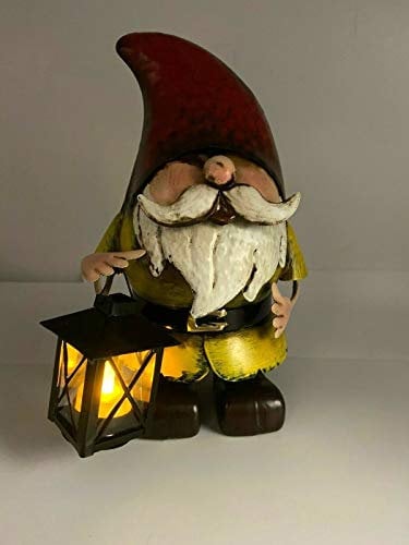Primus Metal Gnome with Candle Lantern Garden Ornament Sculpture Gift, Hand Painted, 21 x 20 x 30cm