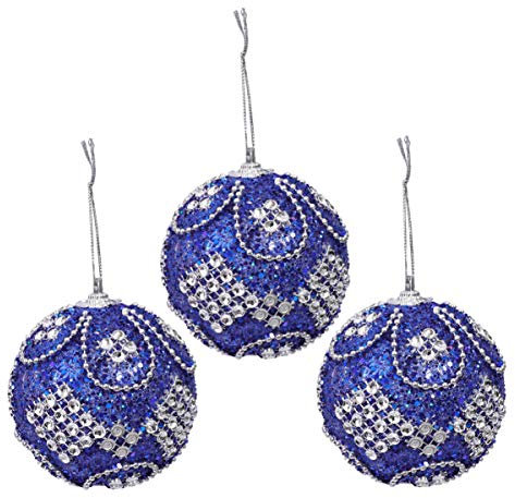 Heallily 3 x Weihnachtskugeln mit Glitzer-Kristall-Strasssteinen, bruchsicher, zum Aufhängen, für den Urlaub, Weihnachtsbaum, Party-Dekoration, Himmelblau 8 cm, Schaumstoff, blau, Größe 1