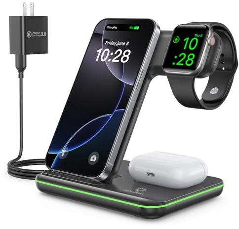 WAITIEE Wireless Charger 3 in 1, 15W Fast Charging Station for Apple Watch 10/9/8/Ultra 2/Ultra/SE/7/6/5/4/3/2, for AirPods 4/3/2/Pro for iPhone 16/15/14/13 /Plus/Pro/Pro Max/12/11(Black)