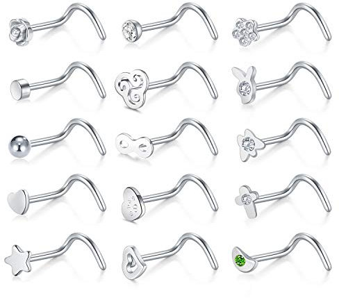 Briana Williams 15 Pièces Nez Studs Acier Chirurgical Goujons 20G Nez Vis Courbés L Forme d'os Droits Bijoux Piercing Argent