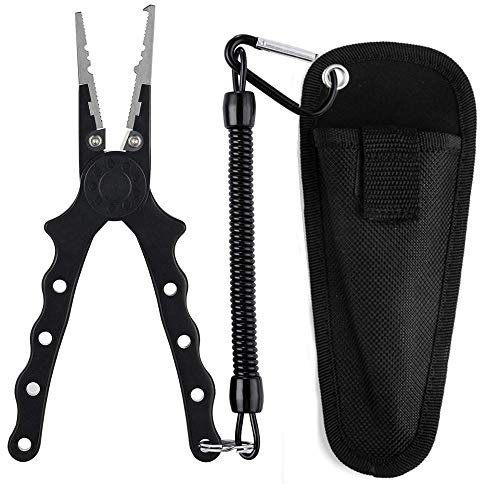 CRAZY SHARK Professional Saltwater/Freshwater Fishing Pliers Hook Remover Fishing Line Cutters with Sheath and Lanyard (Black)