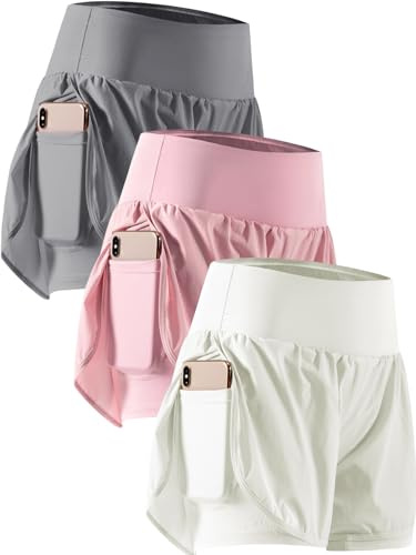 Cadmus 2-in-1 Damen-Trainingsshorts für athletisches Fitnessstudio, Laufshorts mit Handytaschen, 3er-Pack: 06# Grau & Rosa & Weiß, Klein