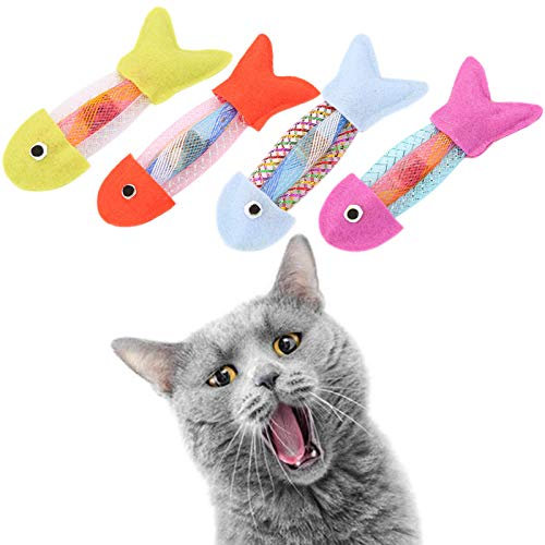 Bodhi2000 Mehrfarbiges Katzenfisch-Plüschbiss-Spielzeug, interaktives Biss-Spielzeug für Katzen, natürliche Matatabi-Katzenminze, Tierbedarf, 4-teiliges Spielzeugset