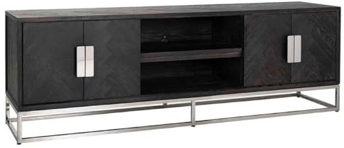 Casa Padrino Armadio TV di Lusso Nero/Argento 185 x 42,5 x A. 60 cm - Credenza in Legno massello con 4 Ante - Mobile Soggiorno - Mobile Hotel - Collezione di Lusso