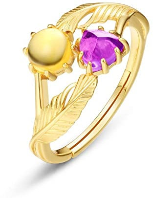 ASDFY Ring Damen,925 Sterling Silber Ring Retro Einfache Vergoldete Feder Amethyst Citrin Offen Verstellbare Ringe Schmuck Geschenke Für Jungen Mädchen Männer Frauen