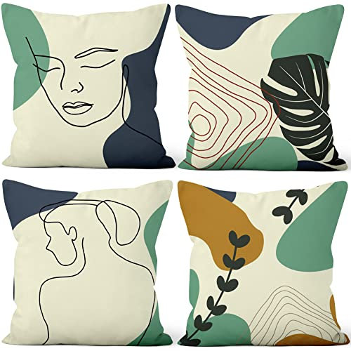 Aoihrraan Kissenbezüge 4er Set, Abstrakte Minimalistische Boho Mann Gesicht Frau Körperlinie Weicher Kurzer Plüsch Quadrat Kissenbezug für Sofa Couch Schlafzimmer Auto Stuhl Wohnkultur 40x40cm