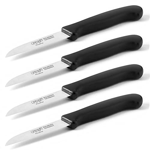 HEISO Schälmesser 4er Set - Scharfe Küchenmesser aus rostfreiem Stahl mit schwarzem Kunststoffgriff - Gemüsemesser Made in Solingen“ - mit kostenlosem Nachschleifservice