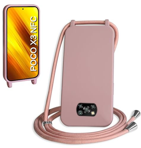 WenBaby Handykette für Xiaomi Poco X3 NFC/Poco X3/Poco X3 Pro Hülle mit Band,Handyhülle mit Schnur zum Umhängen Silikon Seil Necklace Schutzhülle mit Kordel Tasche Case TPU Bumper - Sandrosa