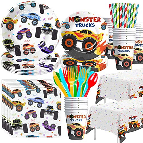 APOWBLS Monster Truck Birthday Party Supplies, Monster Theme Jam Party Decorations Tableware, Paper Plates and Napkins Set, Cup, Tablecloth, Disposable Cutlery, Straw | Serves 24