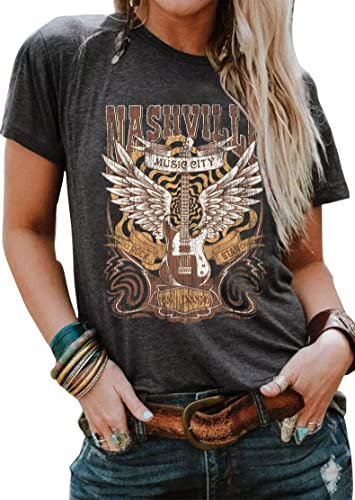 Musik City Shirt für Damen Country Music T-Shirt Vintage Gitarre Flügel Grafik Country Konzert Tee Tops, Grau-1, Groß