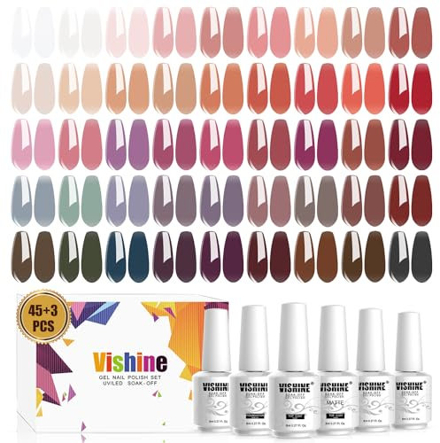 Vishine 48 Flaçons Soak Off UV LED Gel Rose Rouge Nude Brun Rouge 45 Couleurs avec Base Top Coat Vernis Gel Semi-Permanent Vernis à Ongles Naturel Gel Manucure Nail Polish pour Nail Art 8ml