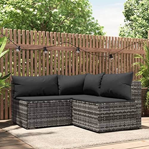 Hommdiy Gartenmöbel Sofa-Set Ecksofa 3 TLG. Garten Lounge Set mit Kissen Grau Poly Rattan, Garten-Ecksofas-14