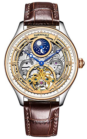TEINTOP Skelett Uhren Herren Automatik Mondphasen Uhr Männer Mechanische Armbanduhr (Braun)