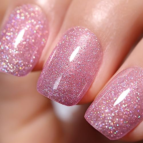 Ozzeal Smalto Semipermanente Glitter, Rosa Iridescente Glitterato Smalto Semipermanente Unghie Arcobaleno Estivo Gel Nail Polish Brillantezza Scintillante Smalto Gel Unghie 15ML