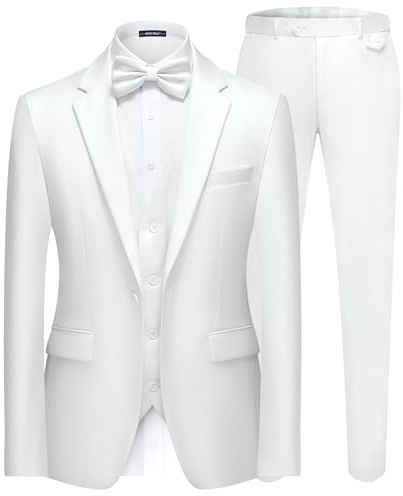 MAGE MALE Men's 3 Pieces Suit Elegant Solid One Button Slim Fit Single Breasted Party Blazer Vest Pants Set White