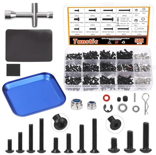 Tanstic 502Pcs Universal RC Screw Kit, RC Repair Tool Kit with Magnetic Screw Tray Hardware Fasteners Compatible with Traxxas Axial Redcat HPI Arrma Losi 1/8 1/10 1/12 1/16 Scale RC Cars Crawler