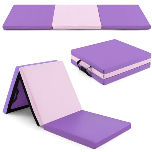 GYMAX Tapis de Gymnastique Épais Pliable 180x60x5cm, Combinaisonable avec Attache Auto-Agrippante, Housse en Simili Cuir, Portable avec Poignées de Transport, pour Yoga, Fitness, Étirement