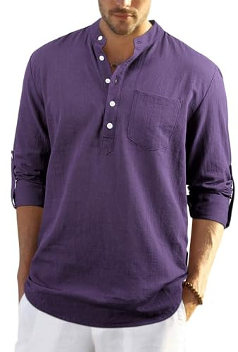 Enlision Maglietta Lino Uomo Casual Collo Coreana Primavera Autunno Manica Lunga Hawaiana Camicia Mare Uomo Viola per Interni, Lavoro e Viaggie L