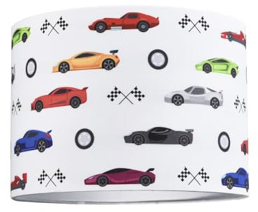 Happy Homewares Modern and Colourful Racing Cars Kids Cotton Fabric Round Drum Lamp Shade | 25cm Diameter | 60w Maximum | Inner Cotton Lining
