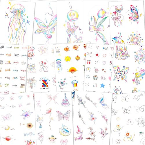 Amabro 170 Stück Bunt Tattoo Kinder, 14 Blatt Realistische Klein Temporäre Tattoos Wasserfest Fake Tattoos Kindertattoos Mädchen Blumen Schmetterlinge Delfine Quallen Papierflieger Tattoo