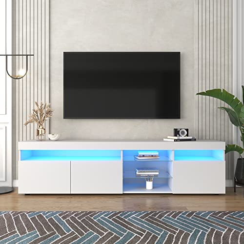Oyemige Mobile TV 180 cm, Mobile TV Lowboard, lucido Console TV con Luci LED, Porta TV Sospesa Lucida con Scomparto in Vetro e Tre Ante, Centro di Intrattenimento Moderno, Bianco,180x35x45