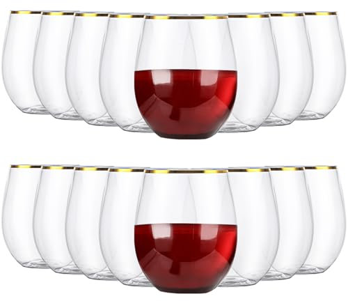 JMIATRY 16 Pcs Plastic Stemless Wine Glasses, 350ml Reusable, Clear Shatterproof for Red Wine, Wedding, Party, Picnics, Camping and Pools
