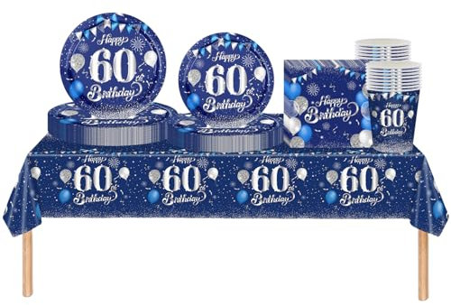 69pc Navy Silver 60th Birthday Decorations - Tableware, Tablecloth, Paper Plates, Napkins, Cups for Him & Her