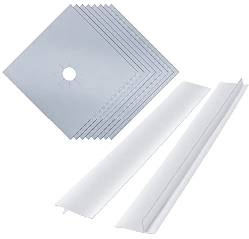 SZTVECFW 8 Pcs Gas Hob Covers for Gas Cookers, Reusable Stove Burner Covers Stove Counter Gap Cover, Non-Stick Gas Hob Range Protectors, Induction Hob Protector Mat(8 Silver+2 White,25 inch)