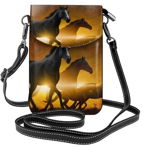 FLYIFE Crossbody-Tasche mit Lasche, Motiv: laufende schwarze Pferde, Leder, Handytasche, Geldbörse, kleine Umhängetasche für Mädchen und Frauen, Schwarz , Einheitsgröße