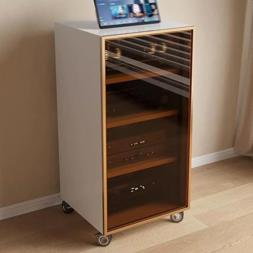 YHWKG Hi Fi Rack, 4-lagiger AV-Audio Rack Hi Fi Regal, Phonoschrank mit Kabelmanagement, Mit atmungsaktivem Netzgewebe, Perfekt for Ecken und kleine Räume(White Gold,39.3x21.6/100x55cm)