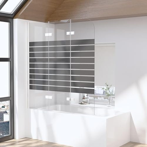 Goezes Duschwand für Badewanne 3-teilig 140x140cm Faltbar Weiß Duschabtrennung, Badewannenaufsatz Glas mit Schwarz Gestreift, Duschtrennwand aus 6mm ESG Sicherheitsglas, Badewannenfaltwand