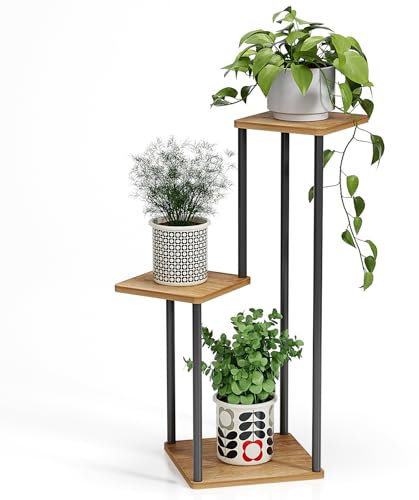 HCLRW 3 Etagen Hölzern Metall Pflanzenständer Innen Außen, 77 cm Ecke Blumenregal Pflanzenregal für Mehrere Pflanzen, Blumenständer Pflanzentreppe für Outdoor-Balkon Garten Wohnzimmer (Braun)