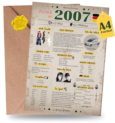 Sugeru Besondere Geburtstagskarte 18 mit Umschlag -DIN A4| 2007 Jahrgang Geschenk | 18 geburtstag frau mann | Sechzigsten Geburtstagsdeko lustig,Tolle Geschenkidee,Chronik,Karte,Jubiläum (18 Jahre)